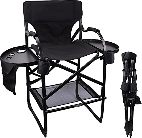 MIYUEWU Hoher Regiestuhl, Make-up-Stuhl mit Beistelltisch Aufbewahrungstasche Fußstütze,Klappbare Campingstühle für den Außenbereich,44-Zoll-Stangenhöhe Aluminiumrahmen unterstützt 350 lbs