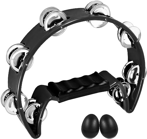 EASTROCK Pandereta Metal, Pandereta de Media Luna, para Adultos, Negro | Pandereta de Percusión de Mano con Jingles de Metal, para Principiantes, KTV, Fiesta