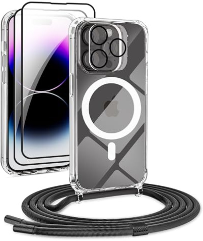 DiDaDi Handyhülle für iPhone 11 Pro Max Hülle mit Band & Magnet - Transparente Handykette, Abnehmbar mit 2X Panzerglas + Kameraschutz | Profi-Schutz Display & Kamera | Magnetisch Kompatibel (Schwarz)