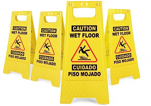 XPCARE Warnschild mit Aufschrift Caution Wet Floor, zweisprachige Warnschilder, 2-seitig ausklappbar, ein Rahmen, Sicherheits-Nassbodenschilder, kommerziell, 61 cm, Gelb, 4 Stück
