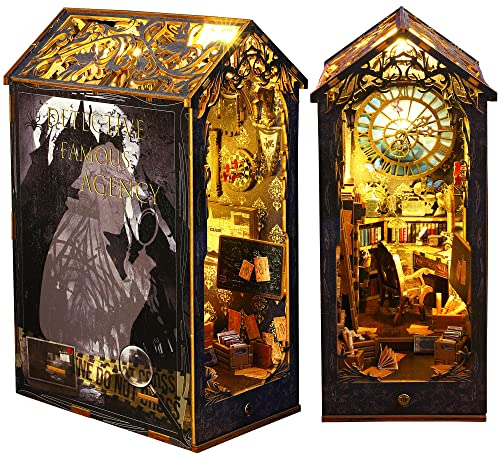 Spilay DIY Book Nook Kit, DIY Puppenhäuser Holz Miniatur Haus Möbel Kit Mit LED-Licht,3D Holzpuzzle Buchstütze Bücherregal Dekoration,Buchstützen Modell Build-Creativity Kit (Detective Famous Agency)