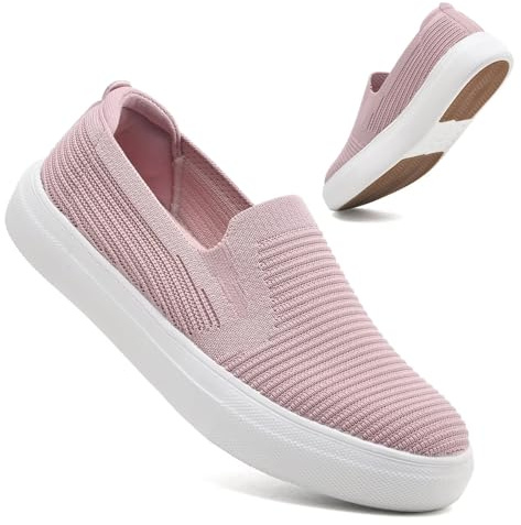 konhill Mocassins pour Femmes Chaussures de Marche TricotéEs Respirantes Tennis Travail Confortable Baskets Mode Formateurs Rose EU 36