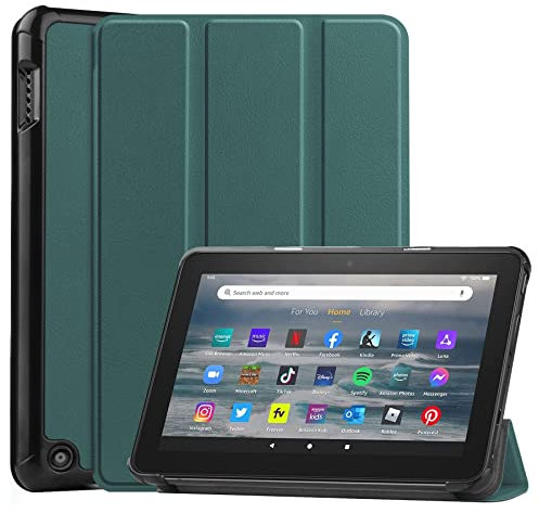 Case2go - Hülle kompatibel mit Amazon Fire 7 (2022) - Mit AutoWake-Funktion Kunstleder Tablet Case Schutzhülle - Dunkelgrün