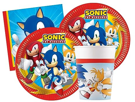 Isola Party Kit Festa di Compleanno Sonic per 16 Persone Eco-Friendly (16 Piatti ⌀ 23 cm, 16 Bicchieri 266 ml, 20 Tovaglioli 33x33 cm di Carta)