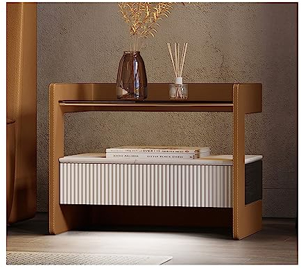 Nachttisch Moderner Nachttisch mit Smart-Sensorlicht & Holzschublade Glasplatte Nachttisch Minimalistischer Beistelltisch Leder Nachttisch für Schlafzimmer Kommode (Farbe: Braun, Größe: 55x