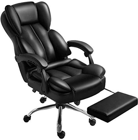 Chaiselongue-Bürostuhl für zu Hause, Leder-Chefschreibtischstuhl mit Armlehne, hoher Rückenlehne, ergonomischer Computerstuhl mit Schaukelfunktion, drehbarer Heimarbeitsstuhl, Heim-/Büromöbel, Schwarz