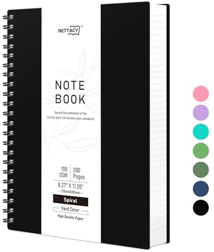 RETTACY Notizbuch A4 Gepunktetes, Bullet Dot Journal, Spiral-Notizbücher 300 Blatt/150 Seiten zum Schreiben, 100gsm, PVC Hardcover, für Frauen Männer Arbeit Büro Schule, 21.5 x 27.9cm - Schwarz