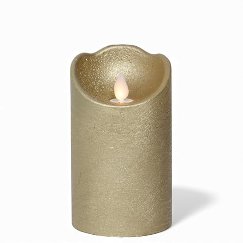 MIJOMA LED-Echtwachskerze mit Flackerflamme, Timer und batteriebetrieb | Indoor LED-Kerze mit warmweißem Licht | Natürliche Optik (Gold - strukturierte Oberfläche, Ø7.5cm x 12.5cm)