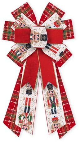 ABTOLS Große Weihnachtsschleifen für Kranz, rote Büffelkarierte Kranzschleifen Weihnachten Nussknacker-Schleifen für Haustür, rote Weihnachtsdekoration, Sackleinen, Ornament, Baumspitze, Schleifen für