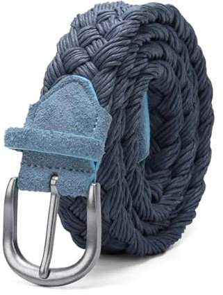 NEFLUM Cintura da uomo in maglia di pelle scamosciata con cinturino intrecciato in corda di cera senza fori Cintura in tessuto Cintura jeans casual, Blu, 110cm