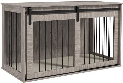 PawHut Dog Crate Furniture, Heavy Duty Dog Cage with Barn Door for Extra Large Breeds, End Side Table Pet Kennel with Removable Cushion for Indoor Use, 118 x 60 x 73 cm, Walnut Brown
