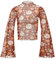 Durio 70s Womens Bell Sleeve Top Floral Tops for Women Disco Outfit Mock Neck Flare Tops Semi Sheer Mesh Long Sleeve Top, Brown Floral, Medium