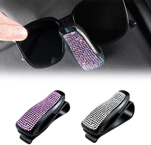 Wondsea 2Pcs Sunglasses Holder for Car Sun Visor,Car Glasses Holders Sunglasses Holder Clips with Bling Rhinestone,Rhinestone Car Decoration Accessories for Women Girl(White,Pink)