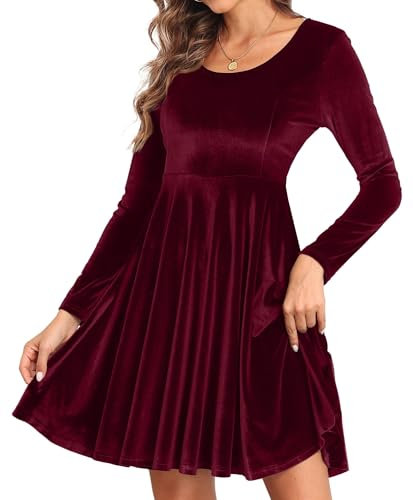 Yutdeng Women Velvet Dress Long Sleeve Crew Neck Ladies Bodycon Mini Dress Elegant Cocktail Dress Knee Length Ball Gowns Dress Christmas Wedding Party Club Evening Swing Dress,Wine Red,M