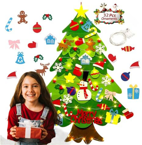 Árbol de Navidad de fieltro con 32 adornos, 20 luces LED, de 4.1 pies para niños, Año Nuevo, hecho a mano, decoración para colgar en la pared