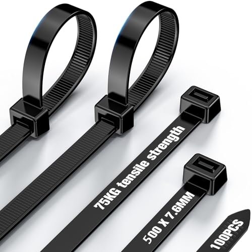 Fascette Plastica Nere 500×7,6mm, Fascette Elettricista Forte con 75 kg di Resistenza Alla trazione, Fascette Riutilizzabili Stringicavo 100 pezzi,per Famiglia,Giardino,Gestione dei cav