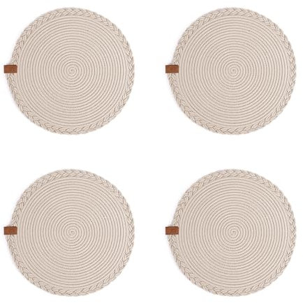 Darido 4er-Set Beige Tischsets, 32cm, Gewebte Baumwolle, Abwaschbar, Hitzebeständig, Handgefertigte Tischdeko für Weihnachten und Heimtextilien