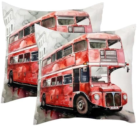 VAPOKF Kissenbezug mit Doppeldecker-Bus, Motiv: Londoner Bus, 45 x 45 cm, quadratisch, für Frühling, Zuhause, Sofa, Couch, Dekoration, Rot, 2 Stück
