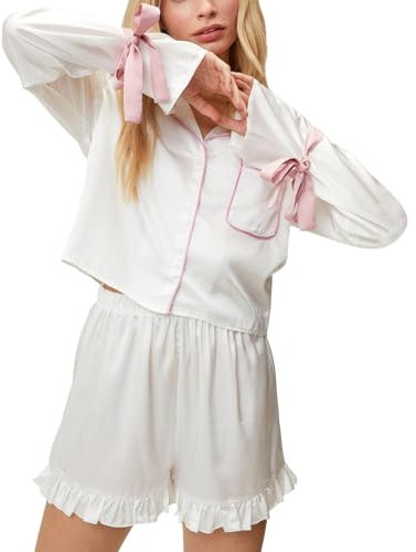 CreoQIJI Women's Short Pyjamas Satin Silk 2-Piece Pyjama Set Bow Tie Bell Sleeve Notch Collar Shirts + Ruffled Shorts Sleepwear Set Dressing Gown Pregnancy, White, M