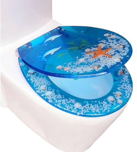 Ocean Series Kunstharz Toilettensitz mit verstellbaren Scharnieren, Muscheln gefüllter Deckel, verrutscht nie, für Badezimmerdekoration, einfache Installation und Reinigung