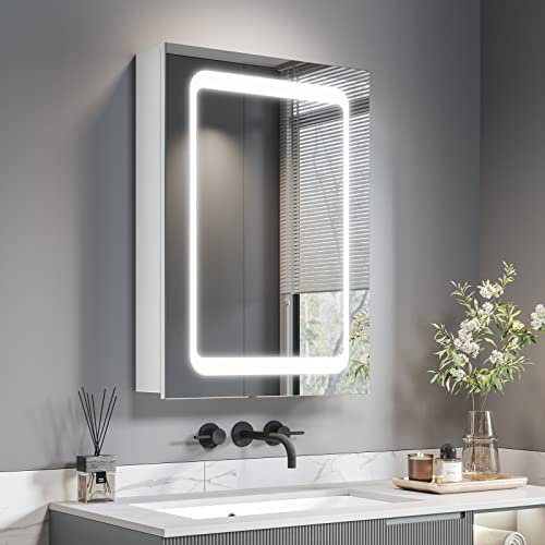 Dripex LED Bathroom Mirror Cabinet, 500 * 700mm Bathroom Cabinet Mirror with Lights Shaver Socket and Demister Pad, Non-contact Sensor Switch, White/Left hinge