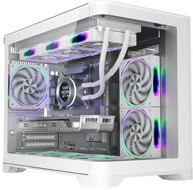 1st Player UV6 ARGB Micro ATX White PC Gaming Case - Dual Chamber, Curved Panoramic Tempered Glass - 3 x 120mm ARGB Fans Pre-installed