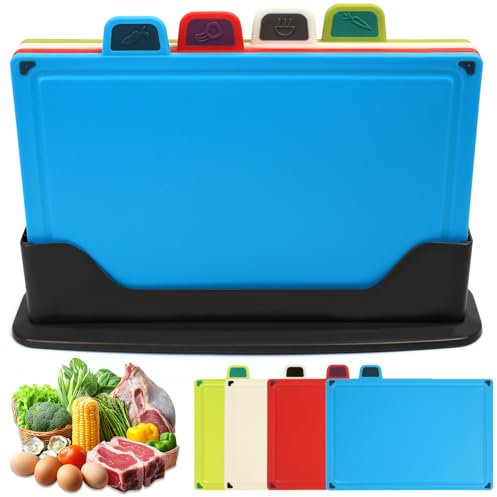 Schneidebrett Kunststoff, 4 STK 30 x 20 cm Schneidebrett Set mit Ständer, Spülmaschinenfest PP, BPA Frei Rutschfest Schneidebretter Set Küchenbretter für Obst Gemüse Fleisch