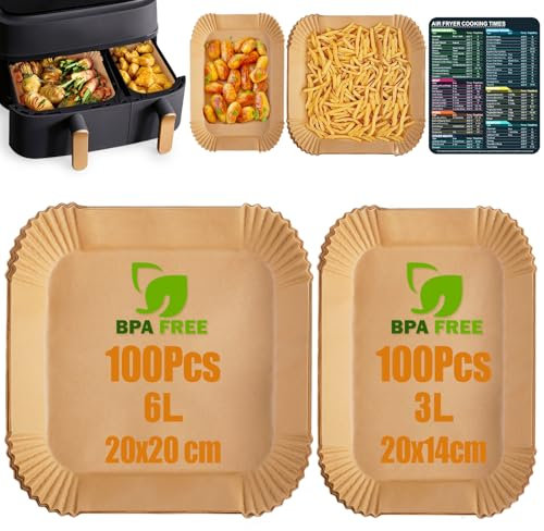 Anhow 200 Stück Backpapier für Philips Airfryer Dual Basket 3000/5000 Series, 6L/3L Heißluftfritteuse Backpapier für Tefal EY9018 Dual Easy Fry, Zubehör für Heißluftfritteuse Philips NA550/00L
