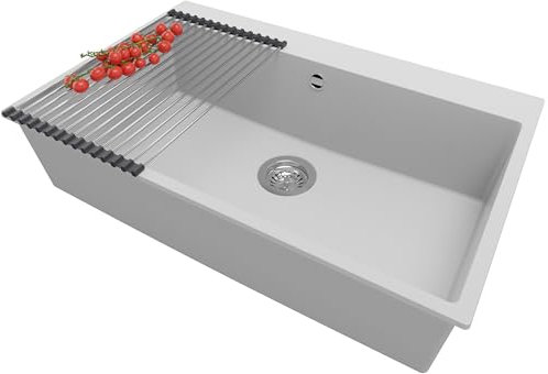 PRIMAGRAN Fregadero Cocina Gris 78x50cm, Granito 1 Seno + Sifón + Enrollable Escurridor, Sobre encimera al mueble 80cm - Riga
