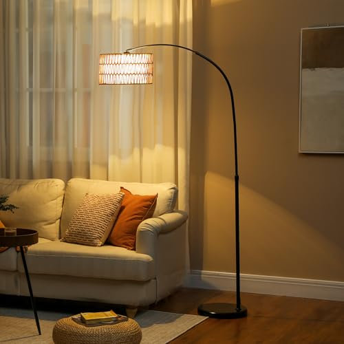 HOMCOM Lámpara de Pie de Arco Lámpara de Pie Salón con Altura Ajustable Pantalla de Yute Interruptor de Pie y Base de Mármol para Sala de Estar Oficina Dormitorio Negro y Marrón