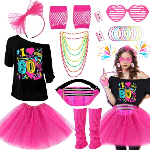 22Stück 80er Jahre Outfit für Damen, 80s 90s Kostüm Accessoires Set mit T-Shirt Tutu Gürteltasche Handschuhe Stulpen Stirnband Brille Ohrringe Halskette Armband für Halloween Karneval Retro Mottoparty
