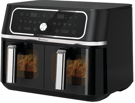 Rediffusion Air Fryer, 9L, ClearCook, Dual Drawer with Viewing Window, 10 Smart Presets, Cool Touch Design, Sync Finish, Match Cook, Digital Touchscreen, Non-Stick, Dishwasher Safe, Black - REDAF100CA