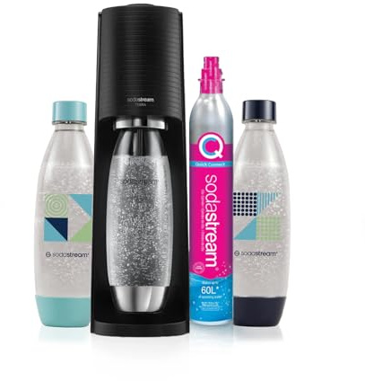 Sodastream Terra Machine à Eau Pétillante et Soda | Pack 3 Bouteilles 1L Compatibles Lave-Vaisselle + 1 Recharge de Gaz 60L à Clipser | Noire