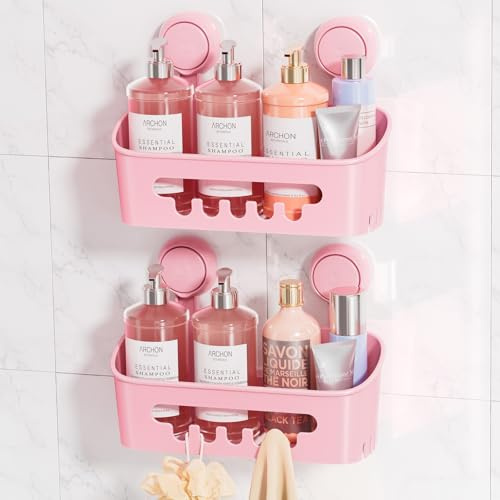 LEVERLOC Suction Shower Caddy Bathroom Basket Shelf Suction Shower Caddy Storage No Drilling Shampoo Holder Removable Powerful Bathroom for Shampoo Toiletries Kitchen Accessories,Pink