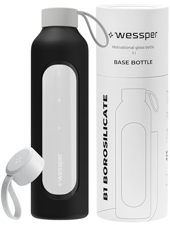 Wessper Bouteille en Verre 1l, Gourde motivation avec étui - Noir | bouteille borosilicate verre, gourde de motivation avec échelle D'hydratation, Sens BPA