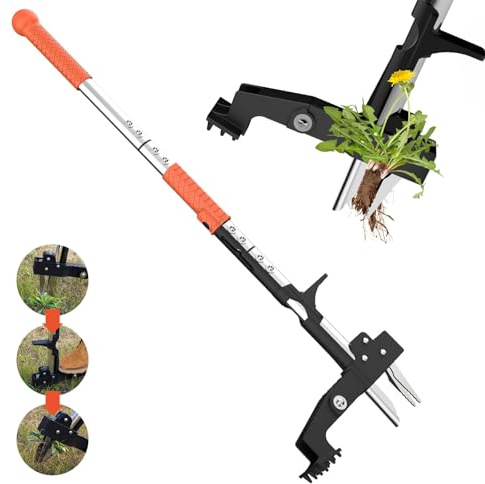 Weed Puller Root Remover Tool with Long Handle, Stand Up Hand Weeding Tool with 4 Claws and Foot Pedal, 100cm Heavy Duty Ergonomic Garden Weeder without Bending or Kneeling, Easy Remove Dandelions