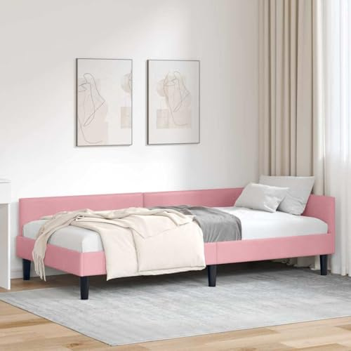 Hoopleep Corner Velvet Bed Frame with Headboard, Pink, 80x200 cm, Space-Saving L-Shape Design, Durable Plywood & Wood, Versatile Sofa & Bed for Guest Room