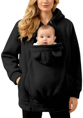 Umstandsjacke mit Babyeinsatz Warm Teddy Fleecejacke Umstands Baumwolljacke Winter Umstandsmode 2 in 1 Tragejacke mit Taschen Winterjacke Flauschig Teddyfleece Plüschjacke