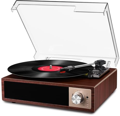Tocadiscos de Vinilo Bluetooth 5.4 con Altavoces Integrados, Giradiscos Vintage con Función de Grabación USB, Salida RCA/AUX/USB/Auriculares, Reproductor Vinilo 33/45/78 RPM para Casa y Regalo, Nogal