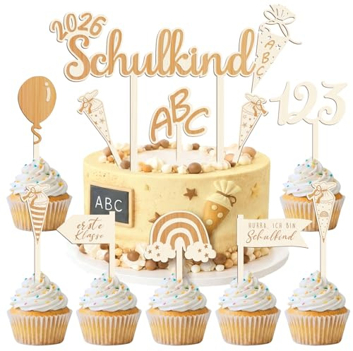 iZoeL Einschulung Tortendeko Holz Schulkind Kuchen Topper Zuckertüte ABC | Holz Kuchen Topper, ABC 123 Design, Einschulung Deko Mädchen Junge, Torte Cupcake Muffin Dekoration zum Schulanfang
