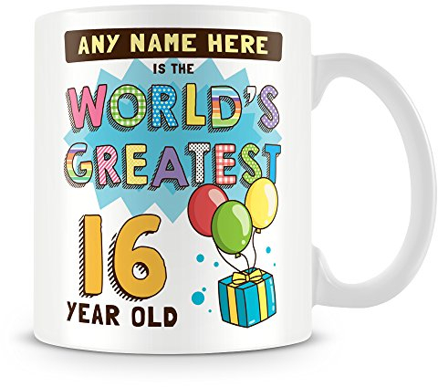 16th Birthday Gift for Boys - Personalised Mug/Cup - Add Name - Worlds Greatest Design - Blue
