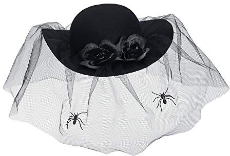 Widmann 68578 - Hut der Schwarzen Witwe, verziert mit Rosen, Schleier und Spinnen, Schwarz, Hut, Accessoire, Zubehör, Karneval, Halloween, Mottoparty