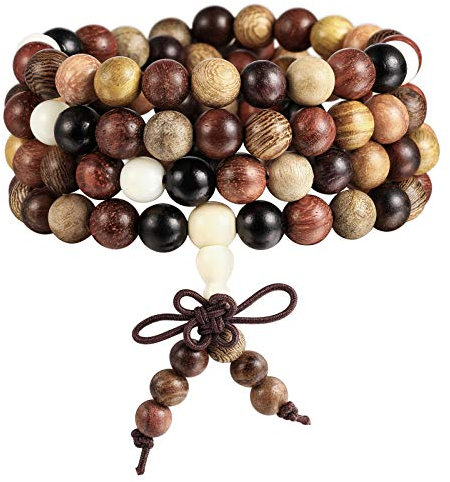 INBLUE 8MM 108 perles de bois Bracelet pour hommes femmes chapelet perles bouddha tibétain bracelet en bois de santal pour prière bouddhiste Mala collier Bracelet noeud chinois cadeau bijoux