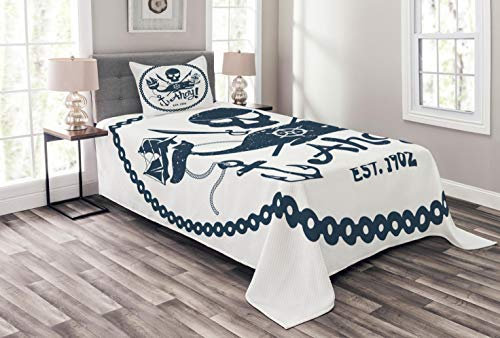 ABAKUHAUS Anker Tagesdecke Set, Nautik Piraten-Schädel, Set mit Kissenbezug luftdurchlässig, für Einzelbetten 170 x 220 cm, Dunkelblau Weiß