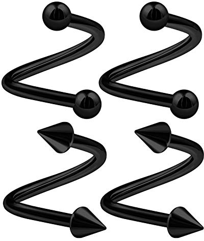 KJM FASHION 4 Stk Eloxiert Schwarz Spirale Ohr 1.6 mm 14 Gauge 12 mm 1/2 Inch Kugel Und Kegel Lip Tragus Cartilage Helix Ohrringe Piercing Schmuck 2964