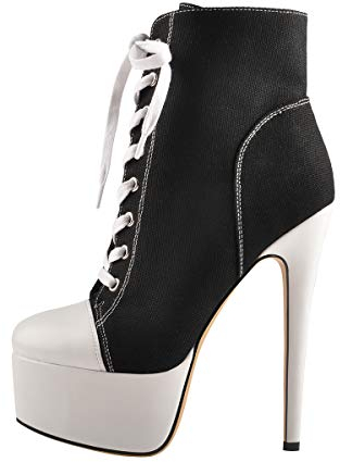 Only maker Damen Plateau Stiefeletten Fashion Sneakers Ankle Boots Schnürstiefeletten aus Canvas Stiletto Absatz Schwarz 41 EU