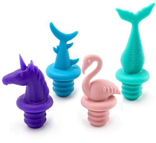 Weinflaschenverschluss aus Silikon, wiederverwendbar, Motiv: Einhorn, Flamingo, Hai, Meerjungfrauen-Formen, auslaufsicher, niedlicher Verschluss, Geschenkbox, Flaschenverschluss, Set mit 4 Stück