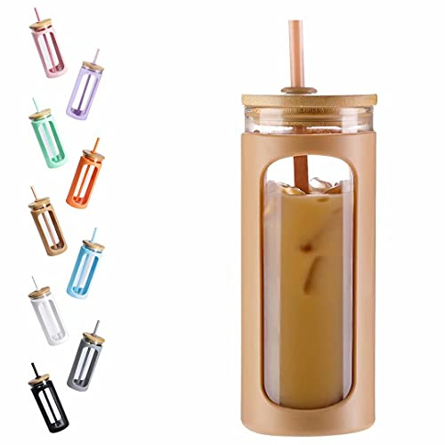 Kodrine Glaswasser-Trommel mit Strohhalm und Deckel, Bambus-Deckel, wiederverwendbar, Smoothie-Becher, Trinkhalm-Silikon-Schutzhülle, BPA-frei, bernsteinfarben