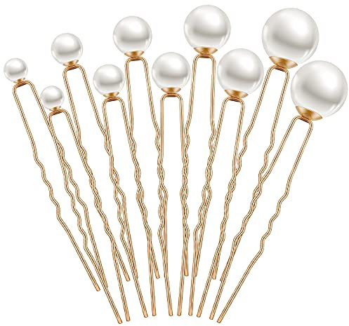 Charonle 32 Pcs Wedding Pearl Hair Pins Mixed Size U Shape, Gold