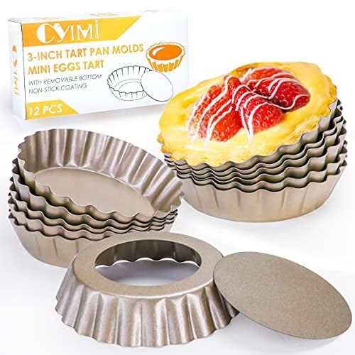 Cyimi 12 pcs Egg Tart Tins 3 Mini Tart Molds Removable Bottom Cupcake Cake Muffin Mold Tin Baking Mini Non-Stick Pan Reusable Quiche Bakeware Carbon Steel for Pies Desserts Gold 7.6CM